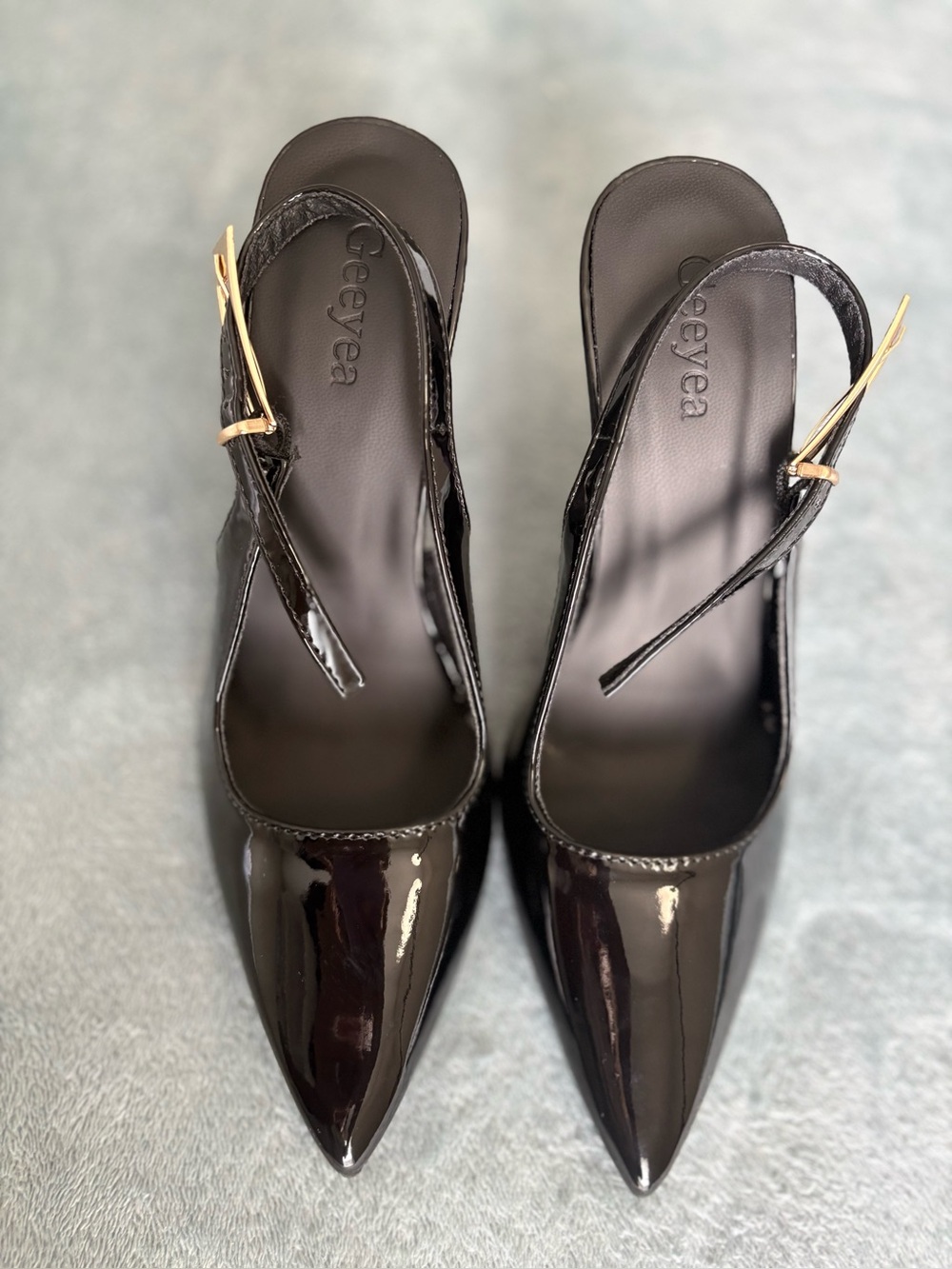Geeyea Black Patent Slingback Stiletto Heels Pointed Toe EU 36 New